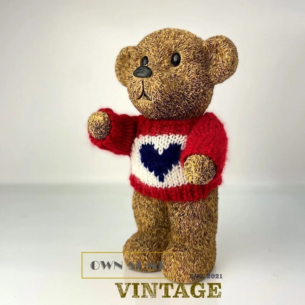 RESIN Bear Sculpture | 10" Standing Vintage Teddy Bear in Knit Sweater - Picture 10 of 10